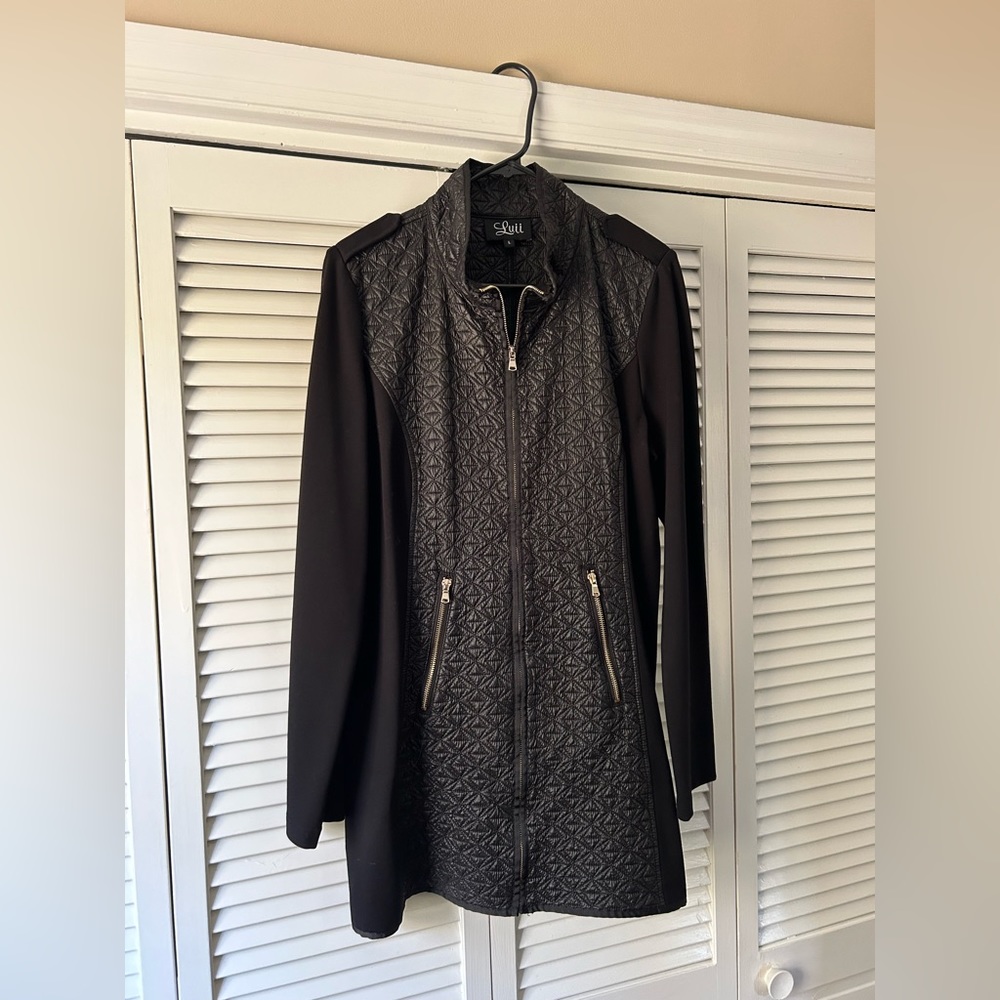 Black jacket with faux leather front and partial faux leather sleeves.